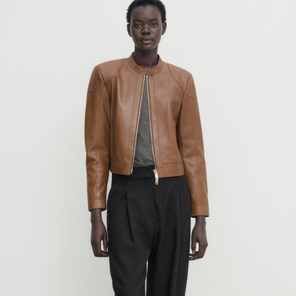 NWT Massimo Dutti NAPPA LEATHER JACKET WITH PADDED SHOULDERS